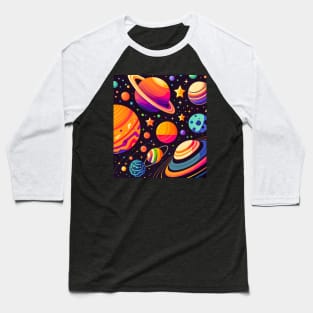 Cosmic Harmony: Brightly Colored Flat Vector Illustration of Planets and Stars in the Solar System Baseball T-Shirt